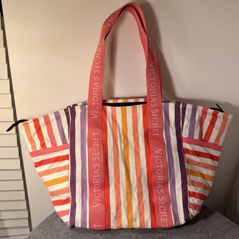 VICTORIA'S SECRET Multi Color Stripe Travel Colorful Zip Beach Shoulder Bag Used
